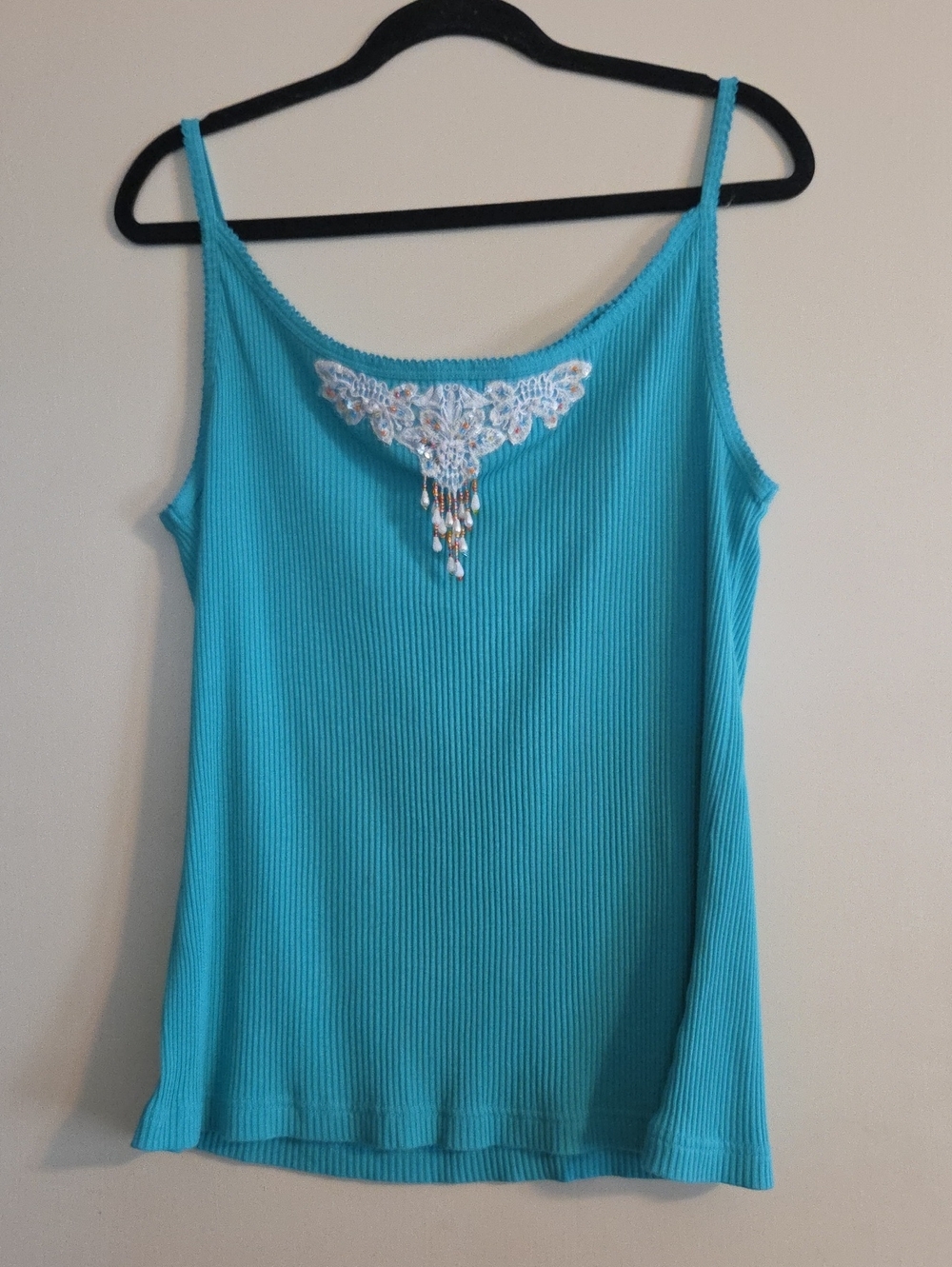 Cato Turquoise Ribbed Camisole with Beaded Lace Appliqué